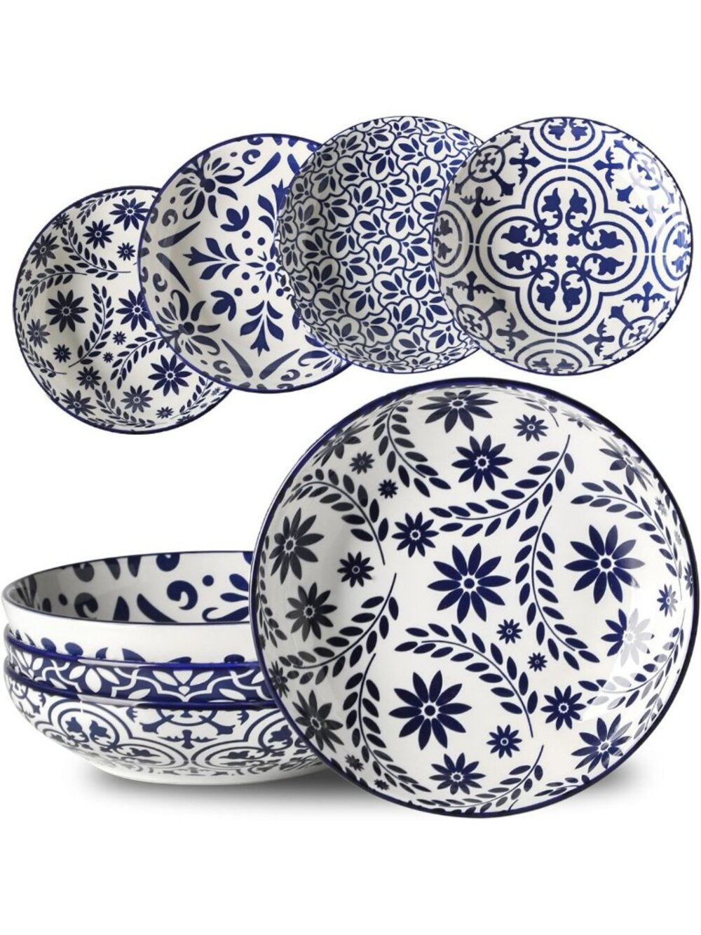 Vintage Blue Ceramic Pasta Bowls Set of 4 - 9.1" Serving Bowls, 42oz Capacity